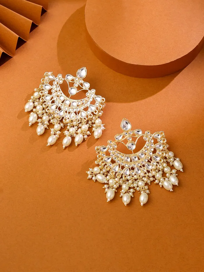 Earrings Yellow Chimes Yellow Chimes Earrings Gold Plated with Pearls Kundan Pearl Chandbali One Size Gold