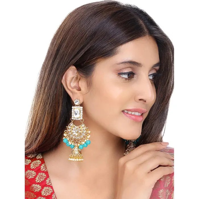 Earrings Yellow Chimes Yellow Chimes Ethnic Gold Plated Kundan Studded Meenakari Pearl Beads Chandbali Jhumka Earrings for Women and Girls