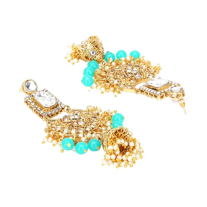 Earrings Yellow Chimes Yellow Chimes Ethnic Gold Plated Kundan Studded Meenakari Pearl Beads Chandbali Jhumka Earrings for Women and Girls