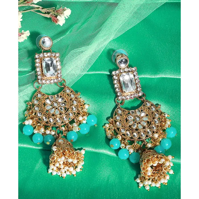 Earrings Yellow Chimes Yellow Chimes Ethnic Gold Plated Kundan Studded Meenakari Pearl Beads Chandbali Jhumka Earrings for Women and Girls