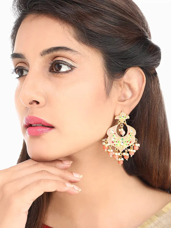 Earrings Yellow Chimes Yellow Chimes Ethnic Gold Plated Traditional Beads Peach Meenakari Floral Design Chandbali Earrings for Women and Girls Medium YCTJER99MNKFLWPCH