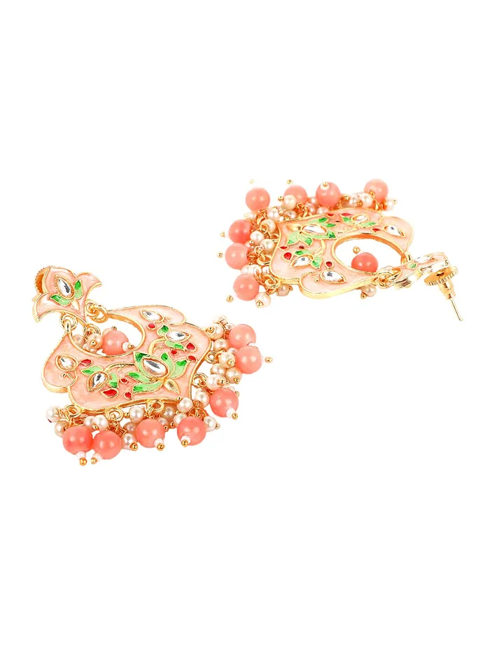Earrings Yellow Chimes Yellow Chimes Ethnic Gold Plated Traditional Beads Peach Meenakari Floral Design Chandbali Earrings for Women and Girls Medium YCTJER99MNKFLWPCH