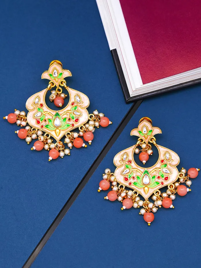 Earrings Yellow Chimes Yellow Chimes Ethnic Gold Plated Traditional Beads Peach Meenakari Floral Design Chandbali Earrings for Women and Girls Medium YCTJER99MNKFLWPCH