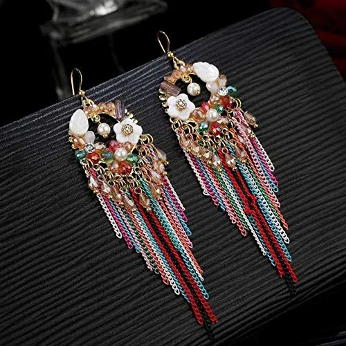 Earrings Yellow Chimes Yellow Chimes Exclusive Designer Luxurious Limited Edition Sparkling Colors Onyx Pearl Crystal Chain Dangle Tassel Earrings For Women