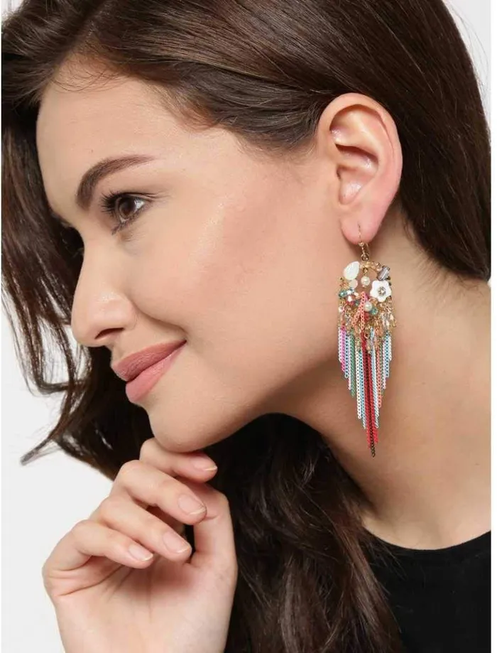 Earrings Yellow Chimes Yellow Chimes Exclusive Designer Luxurious Limited Edition Sparkling Colors Onyx Pearl Crystal Chain Dangle Tassel Earrings For Women