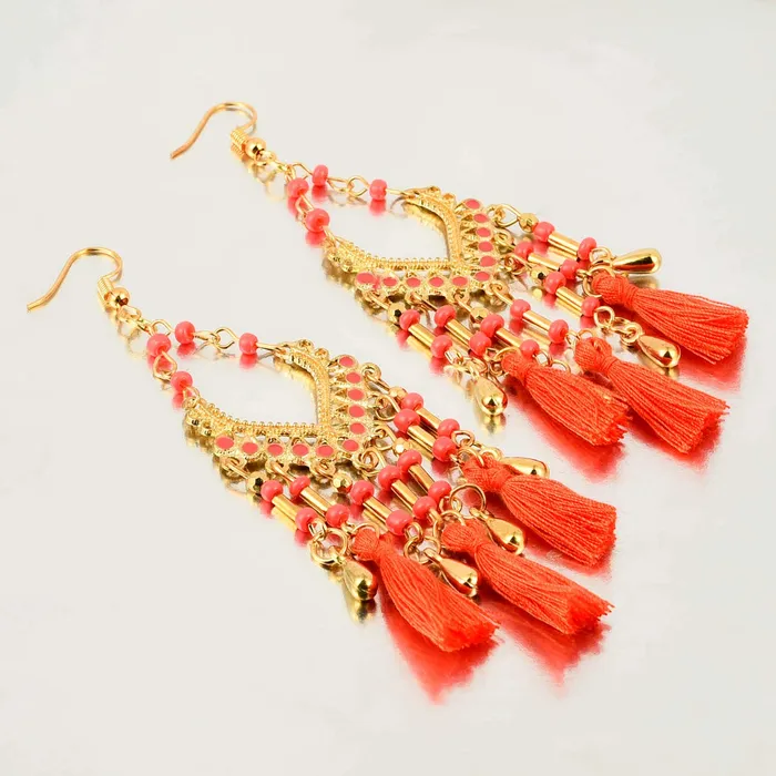 Earrings Yellow Chimes Yellow Chimes Fancy Party ware Beads Fabric Tassel Earring for Women And Girls