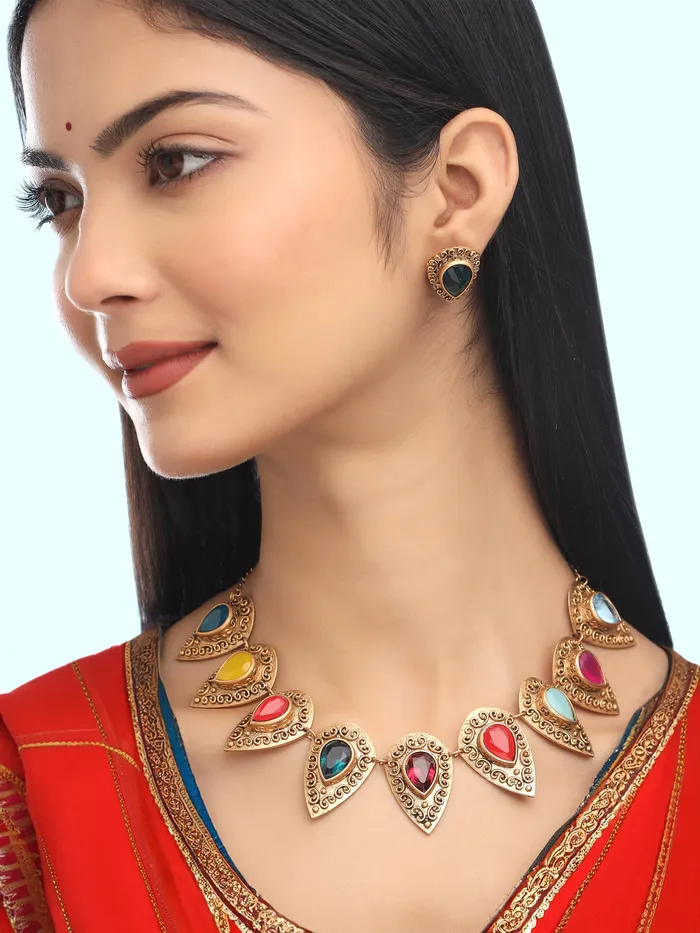 Earrings Yellow Chimes Yellow Chimes Jewellery Set For Women Multicolor Stone Choker Necklace Set for Women Eternal Classics Traditional Gold Plated Jewellery Set Birthday Anniversary Gift for Women Wife