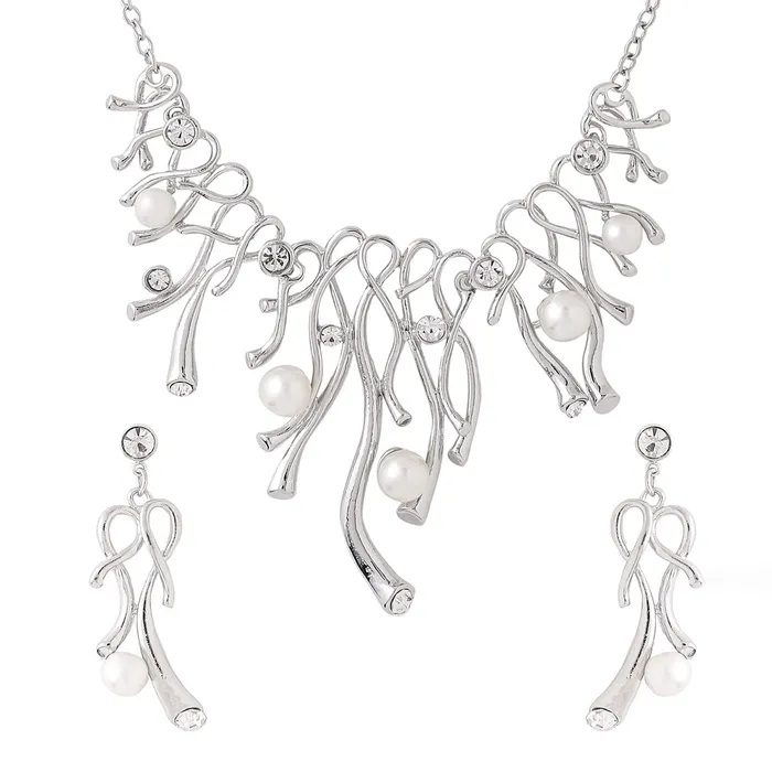 Earrings Yellow Chimes Yellow Chimes Jewellery Set For Women Silver Toned Pearl Studded Necklace Set With Earring For Women and Girls Earrings Yellow Chimes Yellow Chimes Jewellery Set For Women Silver Toned Pearl Studded Necklace Set With Earring For Women and Girls