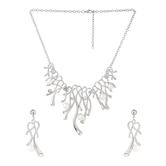 Earrings Yellow Chimes Yellow Chimes Jewellery Set For Women Silver Toned Pearl Studded Necklace Set With Earring For Women and Girls