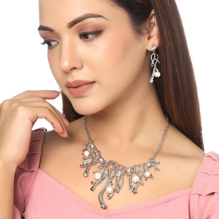 Earrings Yellow Chimes Yellow Chimes Jewellery Set For Women Silver Toned Pearl Studded Necklace Set With Earring For Women and Girls