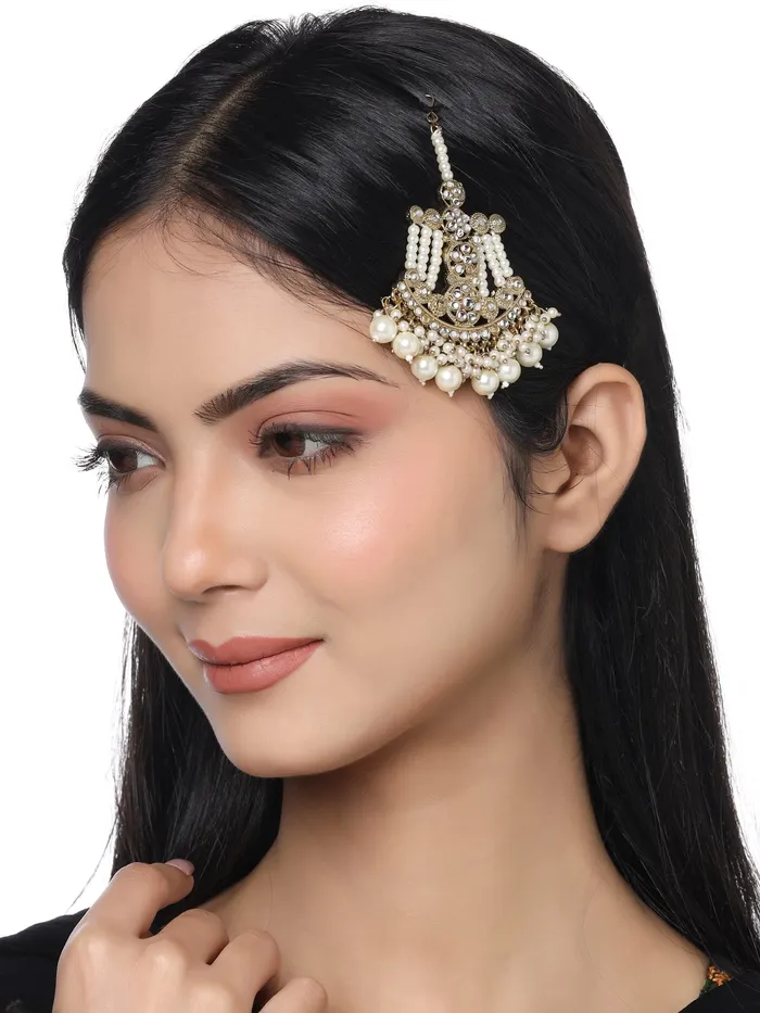 Earrings Yellow Chimes Yellow Chimes Jhumar Passa for Women White Pearl Maang Tikka Traditional Gold Plated Side Jhoomar Maang Tikka for Women and Girls