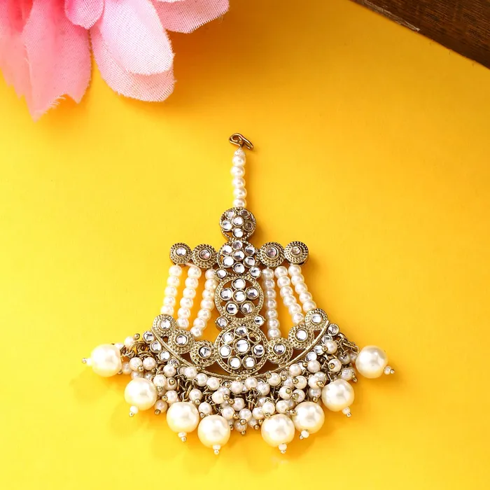 Earrings Yellow Chimes Yellow Chimes Jhumar Passa for Women White Pearl Maang Tikka Traditional Gold Plated Side Jhoomar Maang Tikka for Women and Girls