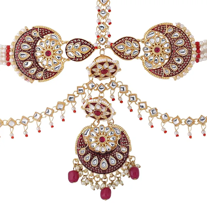 Earrings Yellow Chimes Yellow Chimes Maangtikka Daamini for Women Gold Plated Kundan Studded Meenakari Touch Multilayer White Beads Chain Designed Daamini Maangtikka for Women and Girls