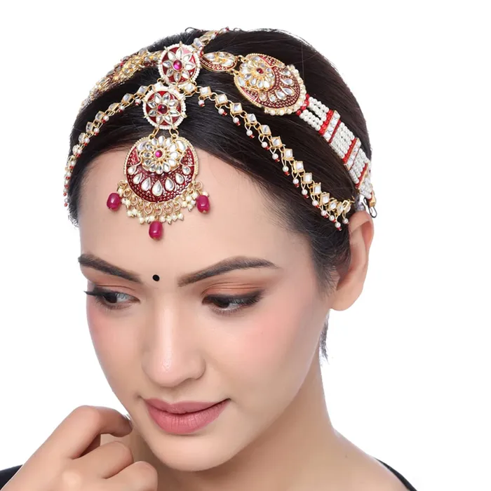 Earrings Yellow Chimes Yellow Chimes Maangtikka Daamini for Women Gold Plated Kundan Studded Meenakari Touch Multilayer White Beads Chain Designed Daamini Maangtikka for Women and Girls