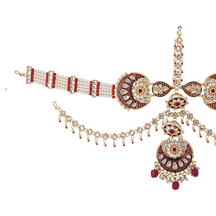 Earrings Yellow Chimes Yellow Chimes Maangtikka Daamini for Women Gold Plated Kundan Studded Meenakari Touch Multilayer White Beads Chain Designed Daamini Maangtikka for Women and Girls