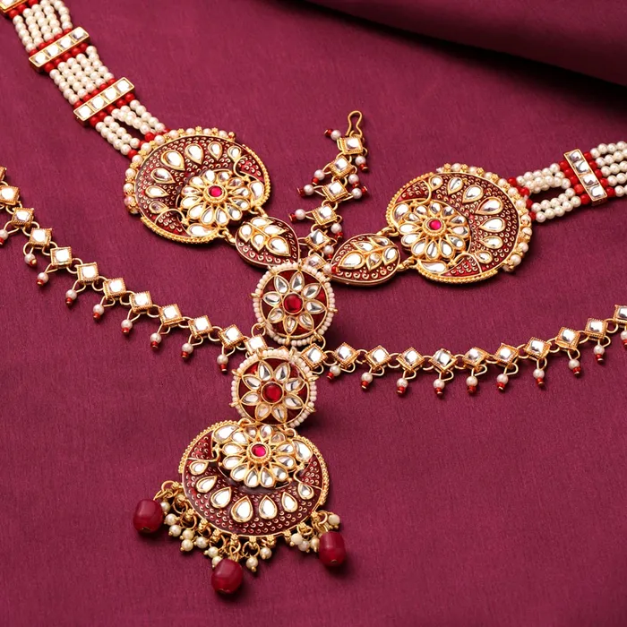 Earrings Yellow Chimes Yellow Chimes Maangtikka Daamini for Women Gold Plated Kundan Studded Meenakari Touch Multilayer White Beads Chain Designed Daamini Maangtikka for Women and Girls