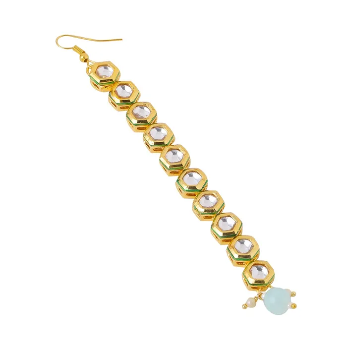 Earrings Yellow Chimes Yellow Chimes Maangtikka for Women Gold Toned Kundan Studded Single Line Designed Green Pearl Drop Maangtikka for Women and Girls