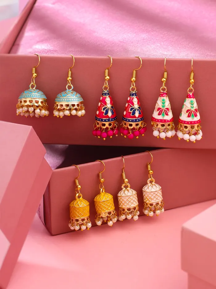 Earrings Yellow Chimes Yellow Chimes Meenakari Jhumka Earrings for Women Traditional Jhumki Earrings Set for Girls Combo of 5 Pairs Jhumkas Ethnic Gold Plated Women Earrings Chic Reverie Birthday Gift For Girls