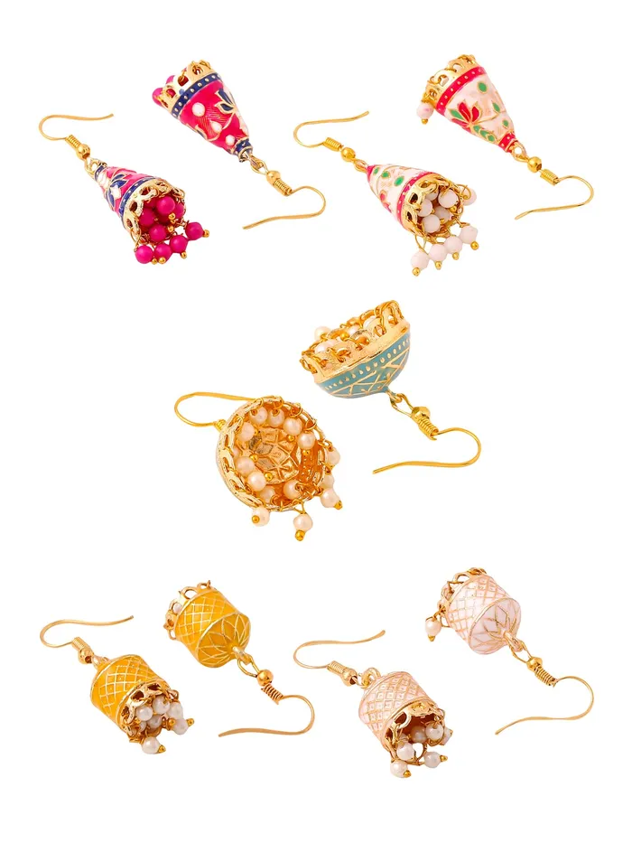 Earrings Yellow Chimes Yellow Chimes Meenakari Jhumka Earrings for Women Traditional Jhumki Earrings Set for Girls Combo of 5 Pairs Jhumkas Ethnic Gold Plated Women Earrings Chic Reverie Birthday Gift For Girls