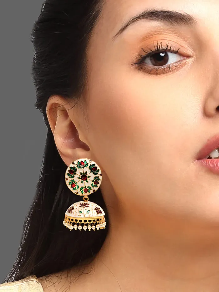 Earrings Yellow Chimes Yellow Chimes Meenakari Jumka Earrings with Ethnic Design Gold Plated Traditional Beads for Women and Girls