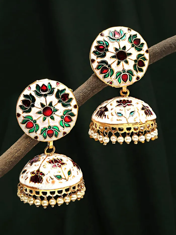 Earrings Yellow Chimes Yellow Chimes Meenakari Jumka Earrings with Ethnic Design Gold Plated Traditional Beads for Women and Girls