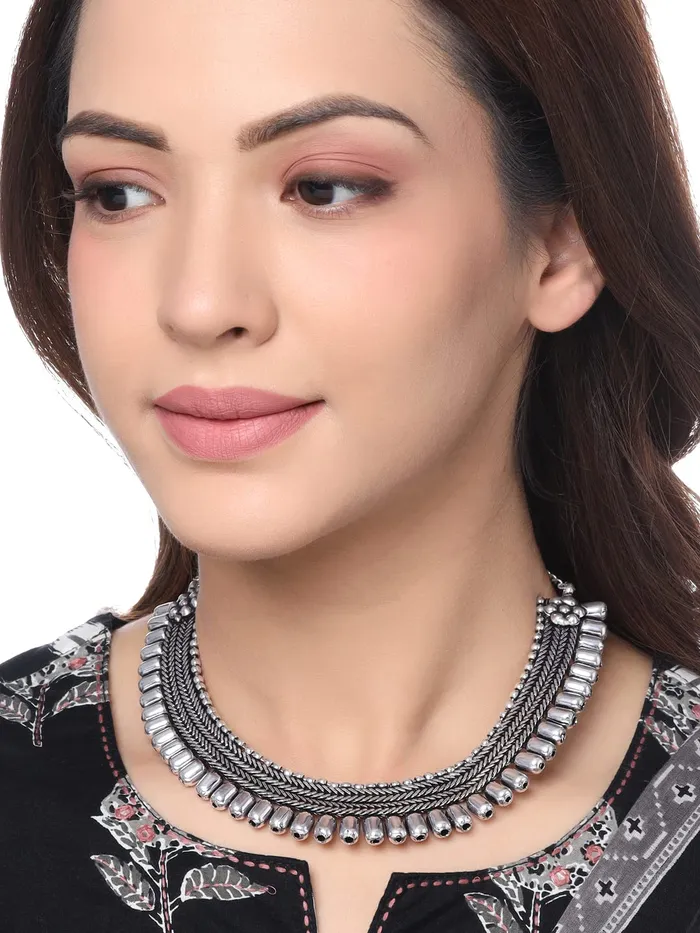 Earrings Yellow Chimes Yellow Chimes Necklaces for Women Adjustable Silver Oxidised Beads Studded Choker Necklace for Women and Girls NK 1