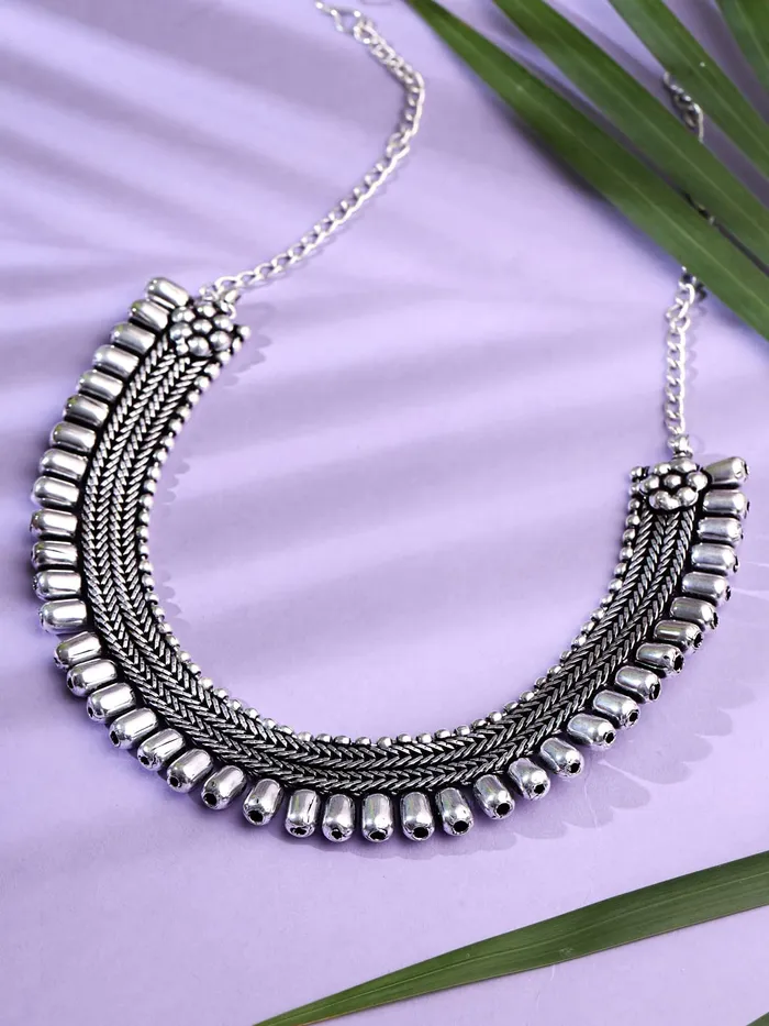 Earrings Yellow Chimes Yellow Chimes Necklaces for Women Adjustable Silver Oxidised Beads Studded Choker Necklace for Women and Girls NK 1