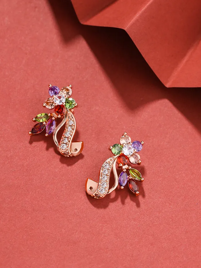 Earrings Yellow Chimes Yellow Chimes Stud Earrings for Women Florets Love Curvacious Swiss Cubic Zirconia 18K Rose Gold Plated ClipOn Earrings for Girls and Women