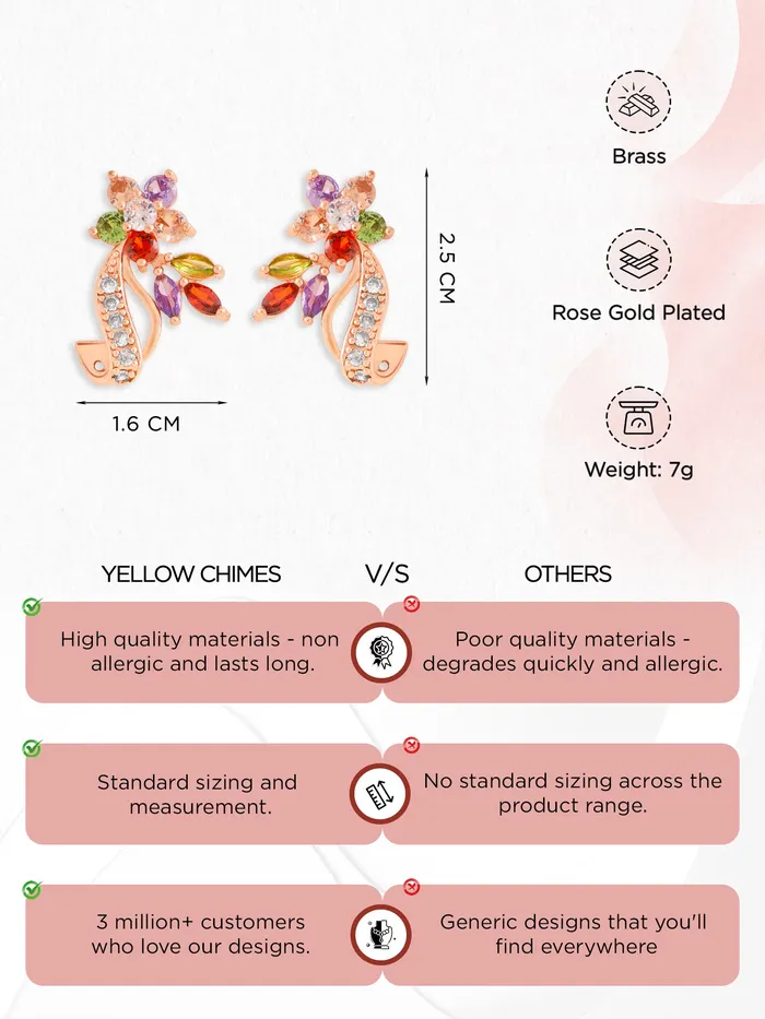 Earrings Yellow Chimes Yellow Chimes Stud Earrings for Women Florets Love Curvacious Swiss Cubic Zirconia 18K Rose Gold Plated ClipOn Earrings for Girls and Women