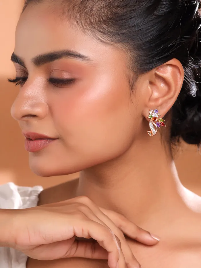 Earrings Yellow Chimes Yellow Chimes Stud Earrings for Women Florets Love Curvacious Swiss Cubic Zirconia 18K Rose Gold Plated ClipOn Earrings for Girls and Women