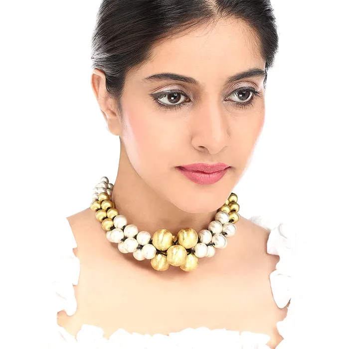 Earrings Yellow Chimes Yellow Chimes Traditional Gold and Silver Beads Design Hand Made Dori Thread Choker Necklace for Women and Girls