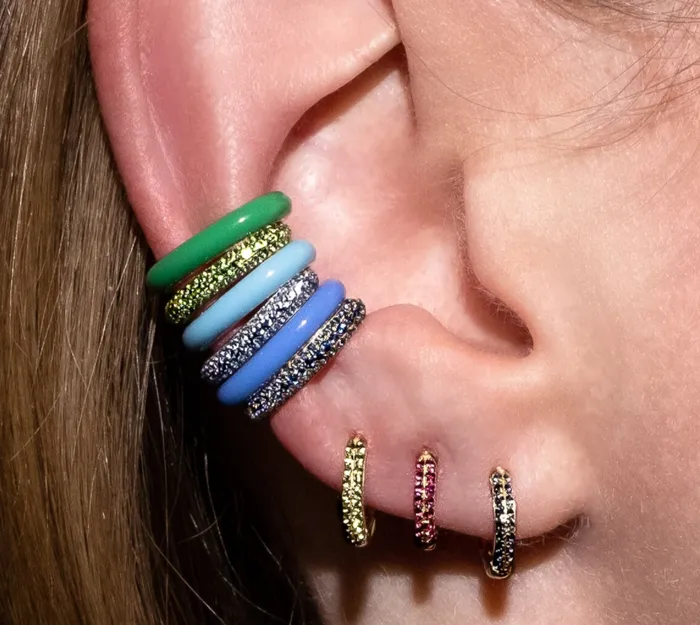 fry Earrings Enamel Sparkle Huggies in 14K Gold
