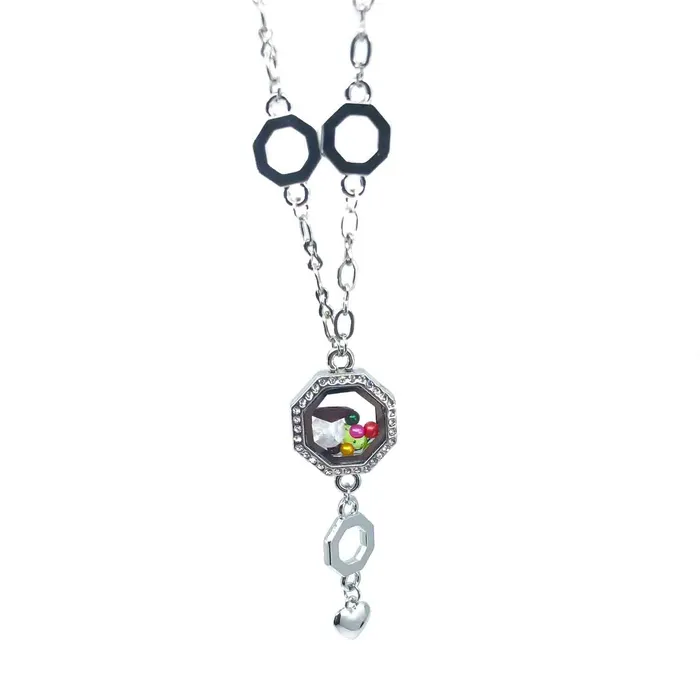 Glass Locket Pendant Magnetic Octagon Rhinestone JE0075 Necklaces