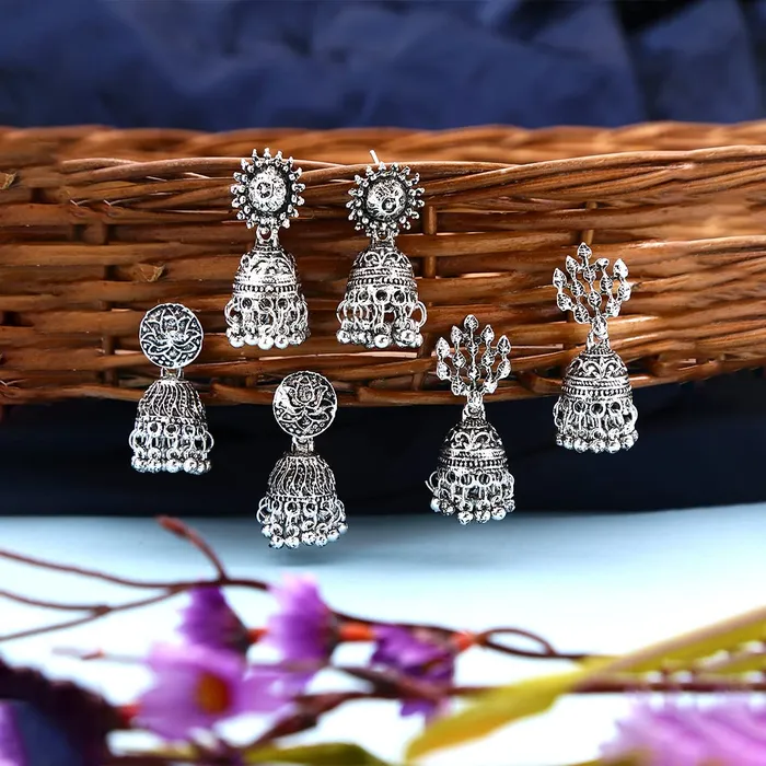 Kairangi Earrings for Women and Girls Traditional Silver Oxidised Jhumka German Silver Earring Set Leaf Shaped Jhumki Earrings Combo Birthday Gift For Girls and Women Anniversary Gift for Wife Kairangi Rings