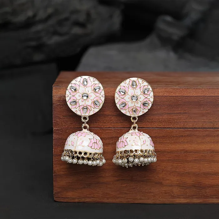 Kairangi Jhumka Earrings for Women Traditional Gold Plated Pink Flower Meenakari Kundan JhumkiJhumka Earrings for Women and Girls Kairangi Bracelets