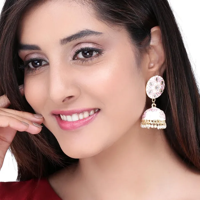 Kairangi Jhumka Earrings for Women Traditional Gold Plated Pink Flower Meenakari Kundan JhumkiJhumka Earrings for Women and Girls Kairangi Bracelets