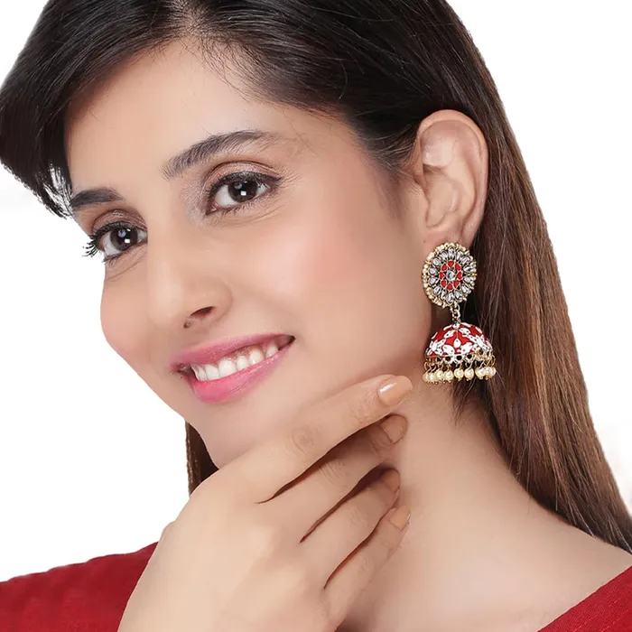 Kairangi Necklaces Kairangi Jhumka Earrings for Women Meenakari Jhumka Earrings Handcrafted Gold Toned Traditional Red JhumkaJhumki Earrings for Women and Girls