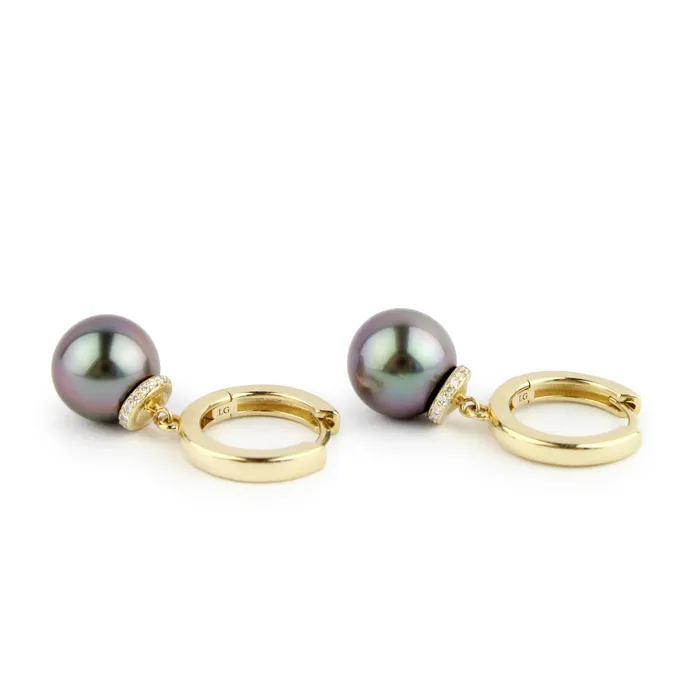Kamoka Pearl Earrings Bright Pink Tahitian Pearl Diamond Halo Earrings