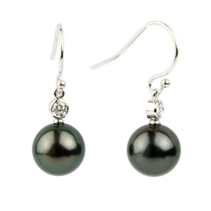 Kamoka Pearl Earrings Tahitian Pearl Diamond Aurora French Hook Earrings on 14K White Gold