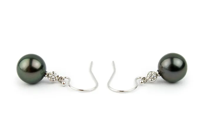 Kamoka Pearl Earrings Tahitian Pearl Diamond Aurora French Hook Earrings on 14K White Gold