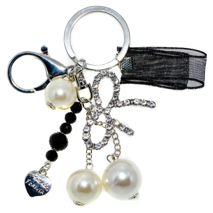 KC1011 Earrings Keychain Rhinestone Black Ribbon Bead Dangle