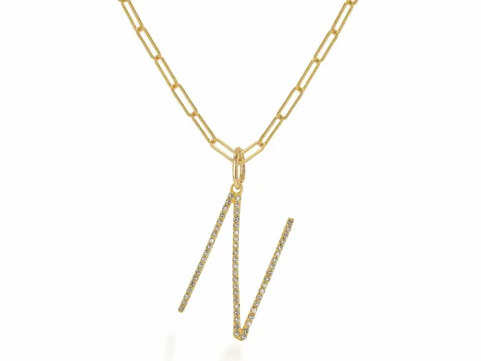 Necklaces Rachel Reid Oversized Diamond Letter Charm on Baby Link Chain Necklaces Rachel Reid Oversized Diamond Letter Charm on Baby Link Chain