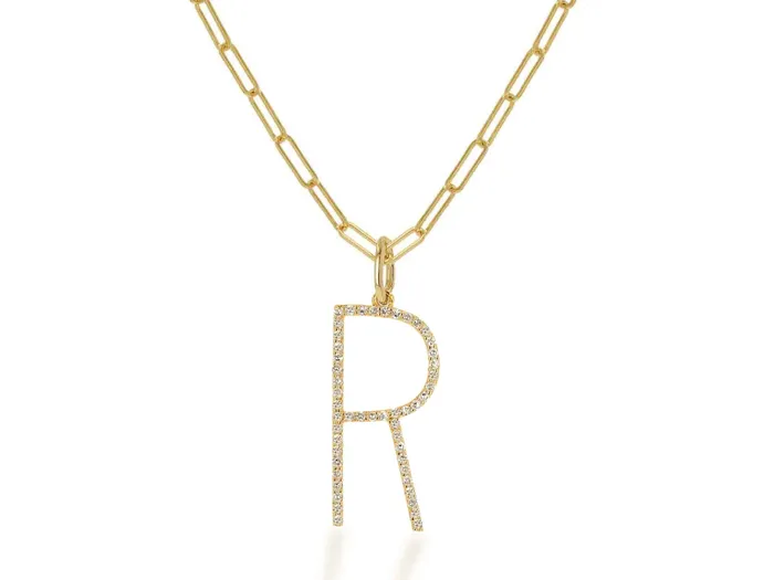 Necklaces Rachel Reid Oversized Diamond Letter Charm on Baby Link Chain Necklaces Rachel Reid Oversized Diamond Letter Charm on Baby Link Chain