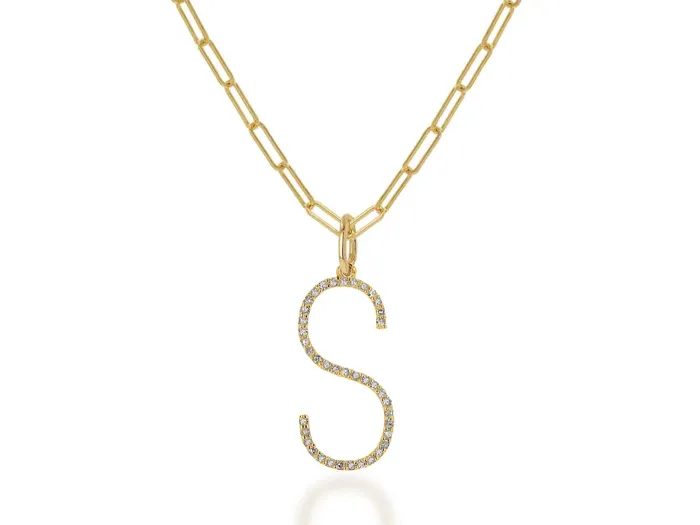 Necklaces Rachel Reid Oversized Diamond Letter Charm on Baby Link Chain Necklaces Rachel Reid Oversized Diamond Letter Charm on Baby Link Chain