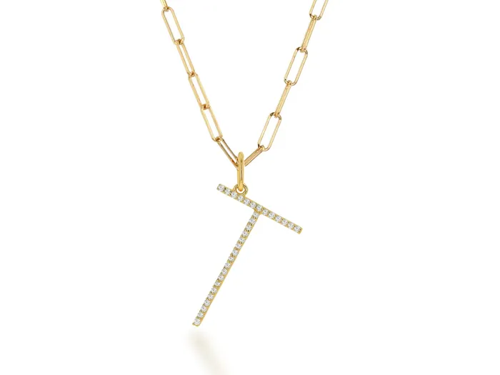 Necklaces Rachel Reid Oversized Diamond Letter Charm on Baby Link Chain Necklaces Rachel Reid Oversized Diamond Letter Charm on Baby Link Chain