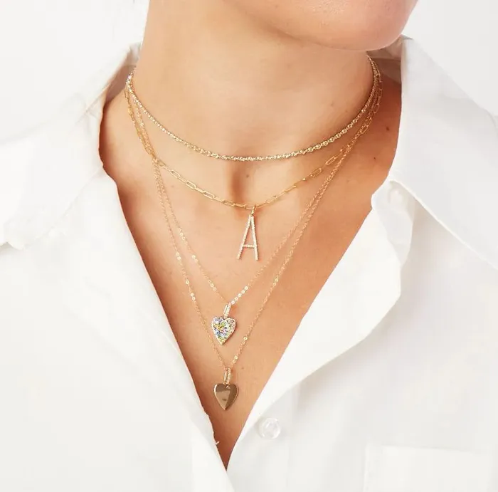 Necklaces Rachel Reid Oversized Diamond Letter Charm on Baby Link Chain Necklaces Rachel Reid Oversized Diamond Letter Charm on Baby Link Chain