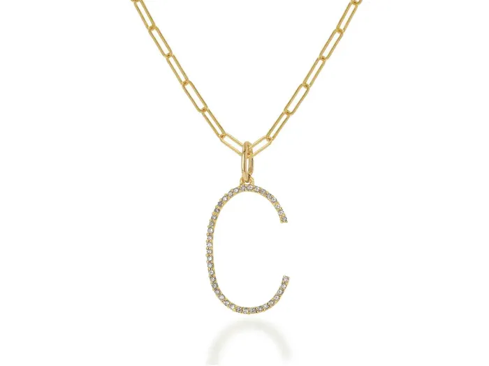 Necklaces Rachel Reid Oversized Diamond Letter Charm on Baby Link Chain Necklaces Rachel Reid Oversized Diamond Letter Charm on Baby Link Chain