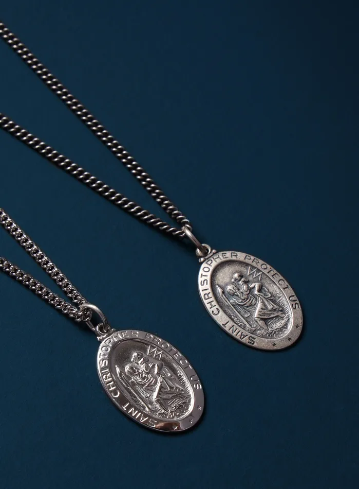 Necklaces WE ARE ALL SMITH Saint Christopher Sterling Silver Oval Medal Necklace for Men