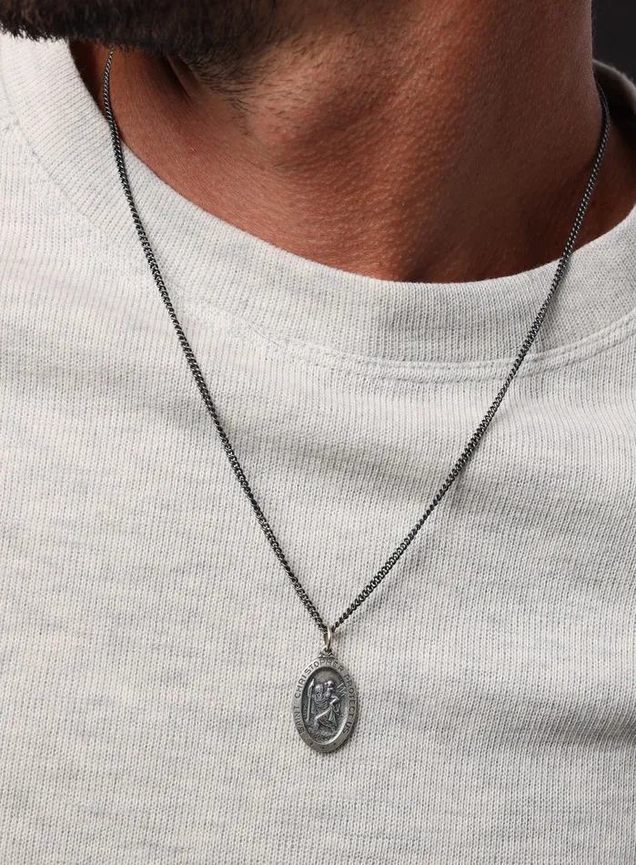 Necklaces WE ARE ALL SMITH Saint Christopher Sterling Silver Oval Medal Necklace for Men