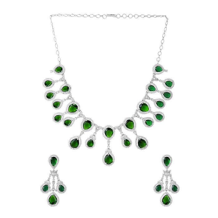 Necklaces Yellow Chimes Girls Jewellery Set American Diamond Necklace Earrings 43 cm Silver Tone Green